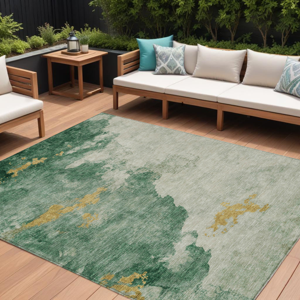 8 X 10 Emerald And Gold Abstract Washable Indoor Outdoor Area Rug