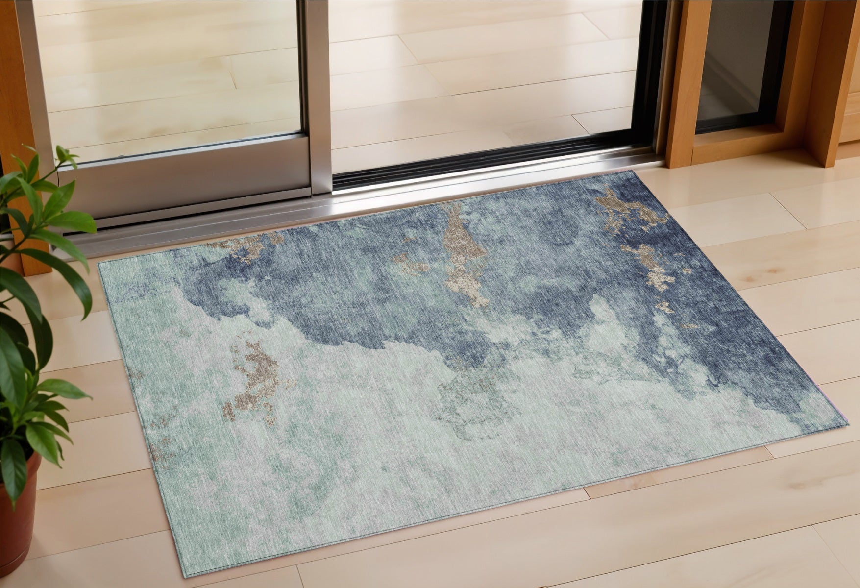 3 X 5 Pale Aqua And Taupe Abstract Washable Indoor Outdoor Area Rug