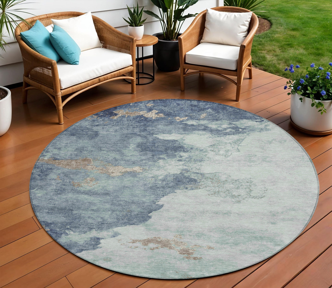 8 Pale Aqua And Taupe Round Abstract Washable Indoor Outdoor Area Rug