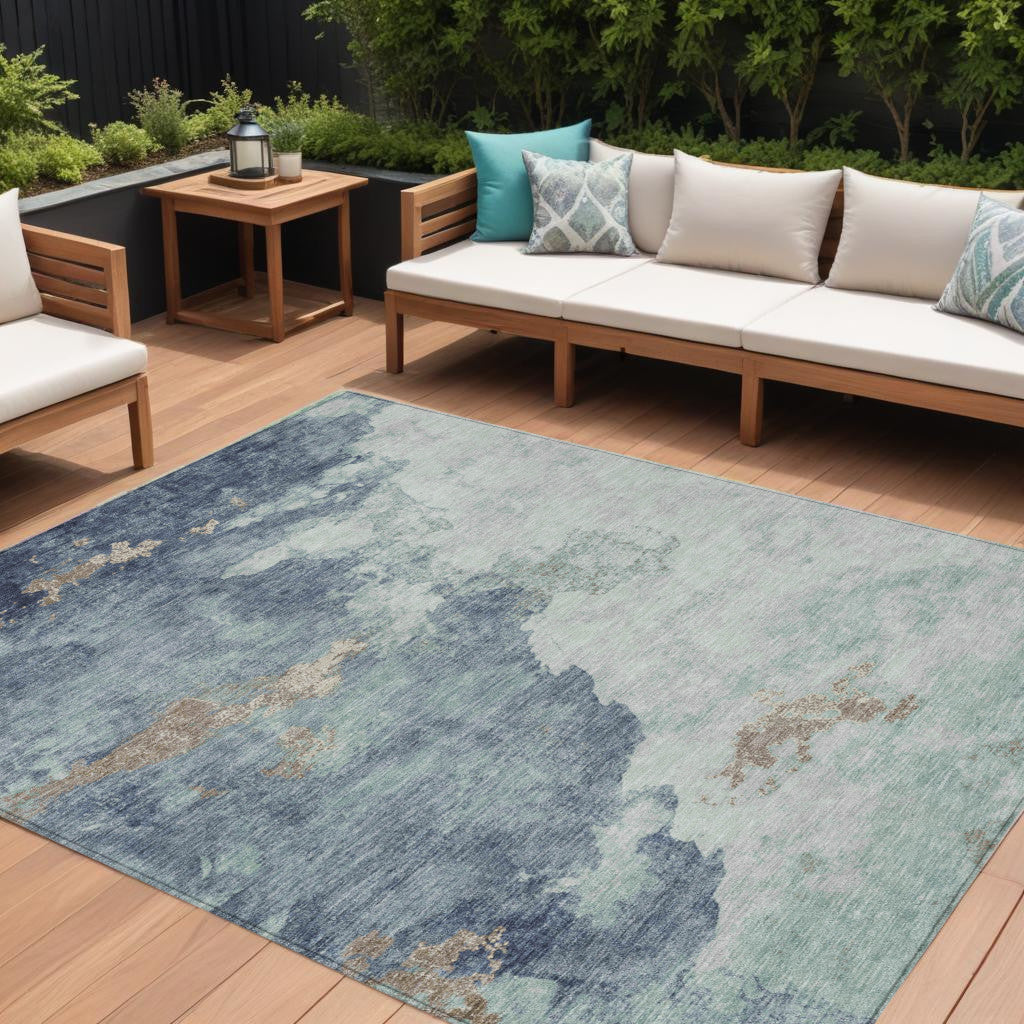 9 X 12 Pale Aqua And Taupe Abstract Washable Indoor Outdoor Area Rug