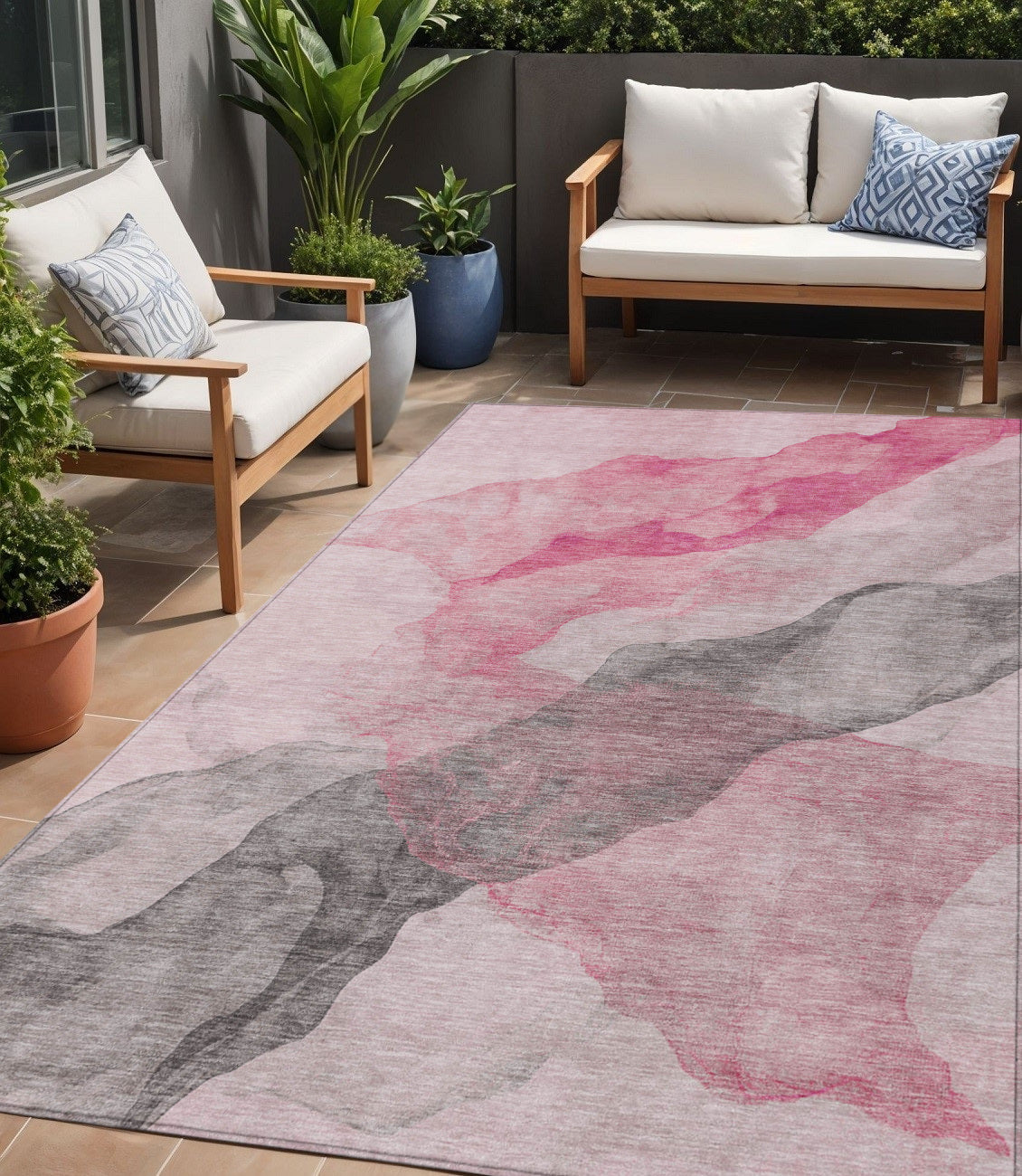 5 X 8 Blush And Gray Abstract Washable Indoor Outdoor Area Rug