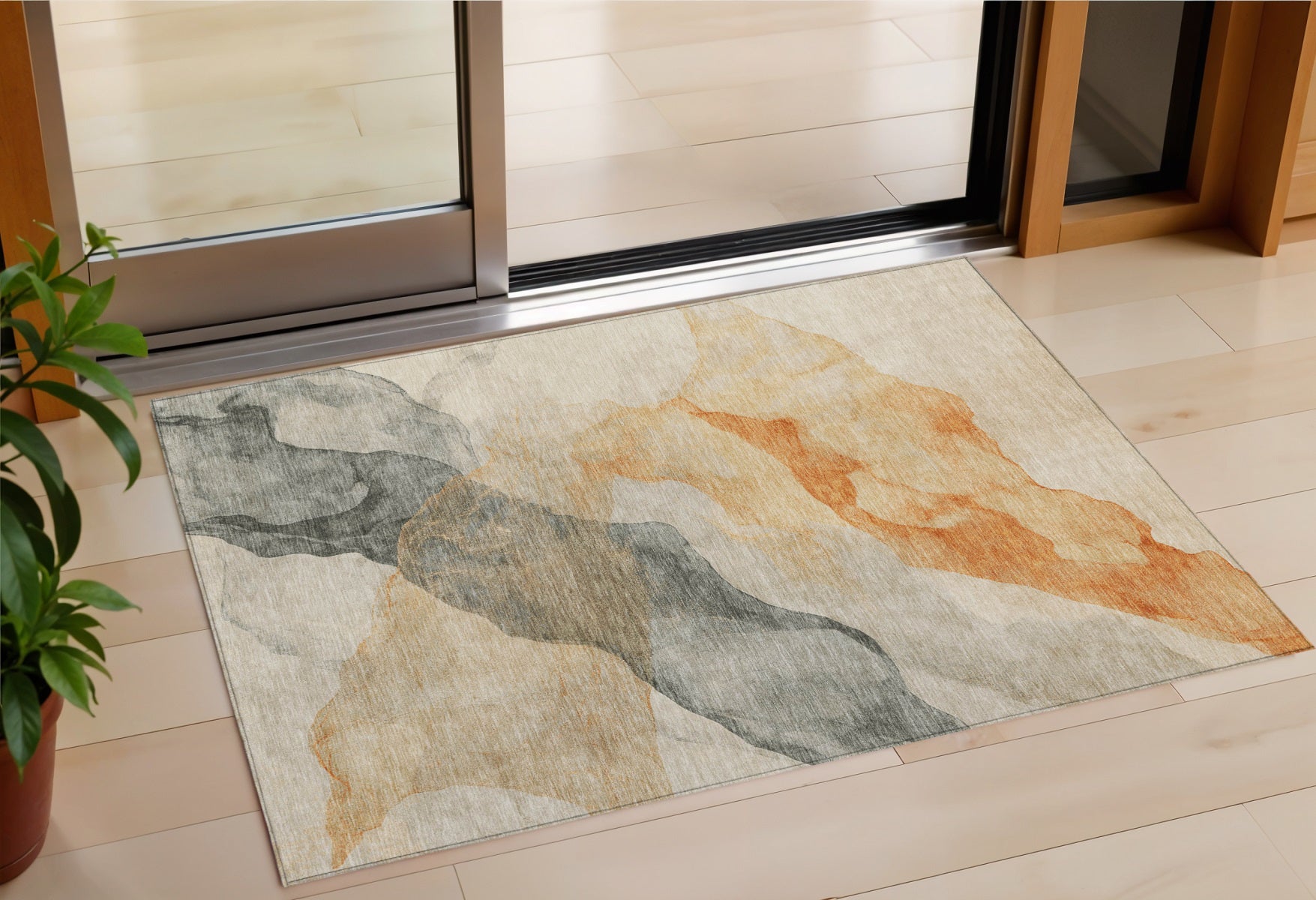 3 X 5 Orange And Gray Abstract Washable Indoor Outdoor Area Rug