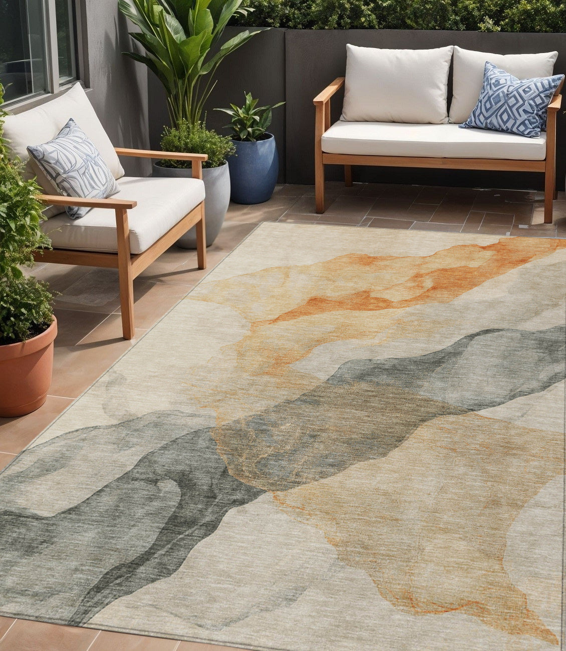5 X 8 Orange And Gray Abstract Washable Indoor Outdoor Area Rug