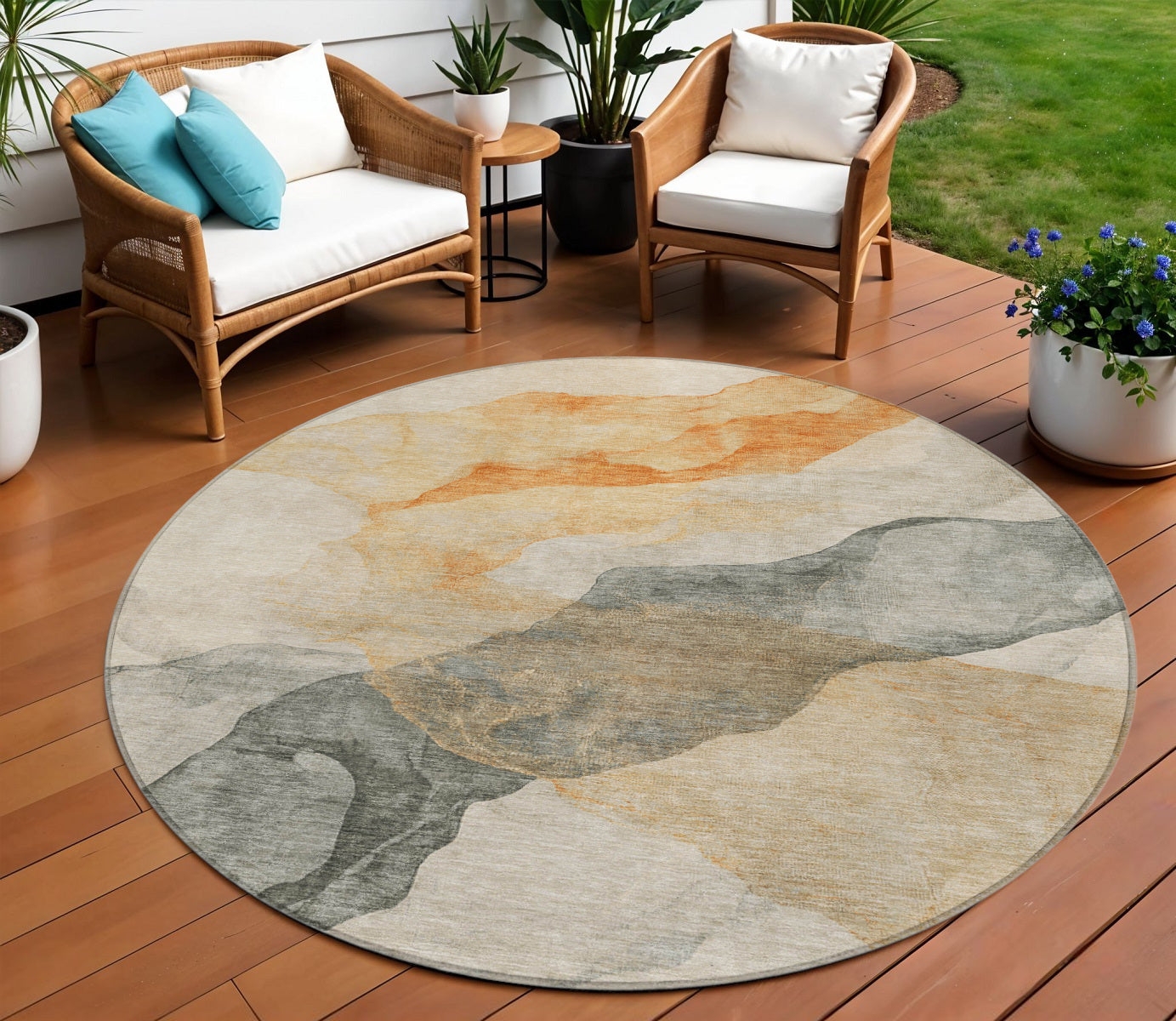 8 Orange And Gray Round Abstract Washable Indoor Outdoor Area Rug