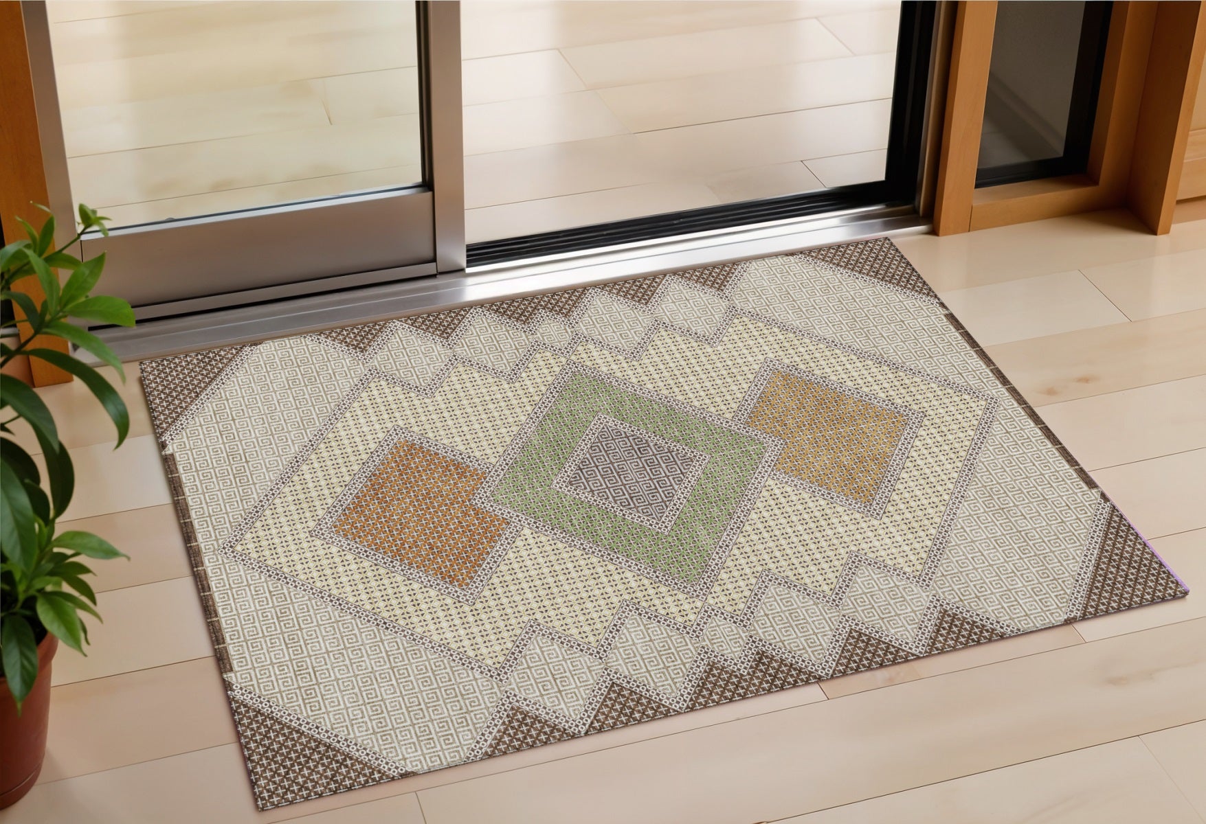 3 X 5 Brown Copper And Fern Green Geometric Washable Indoor Outdoor Area Rug