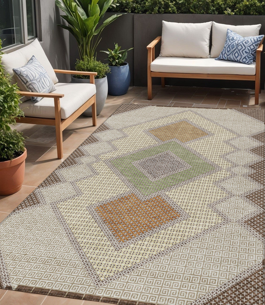 5 X 8 Brown Copper And Fern Green Geometric Washable Indoor Outdoor Area Rug