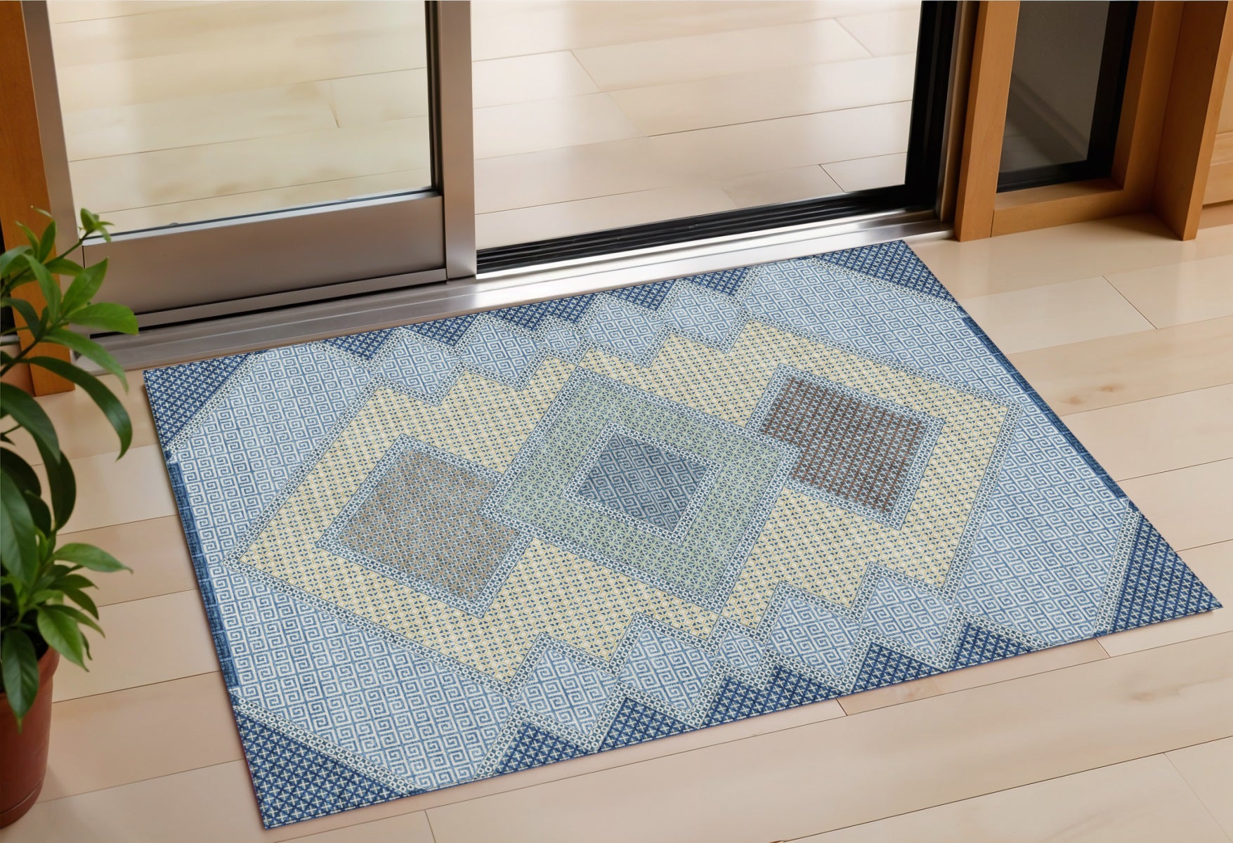 3 X 5 Denim Blue Gray And Brown Geometric Washable Indoor Outdoor Area Rug