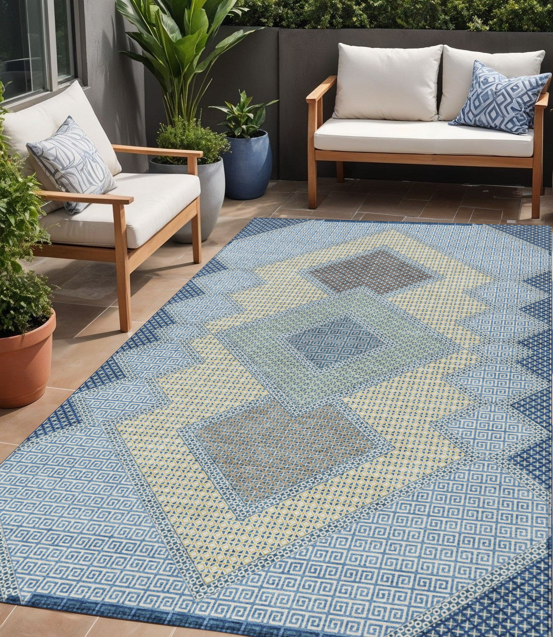 5 X 8 Denim Blue Gray And Brown Geometric Washable Indoor Outdoor Area Rug