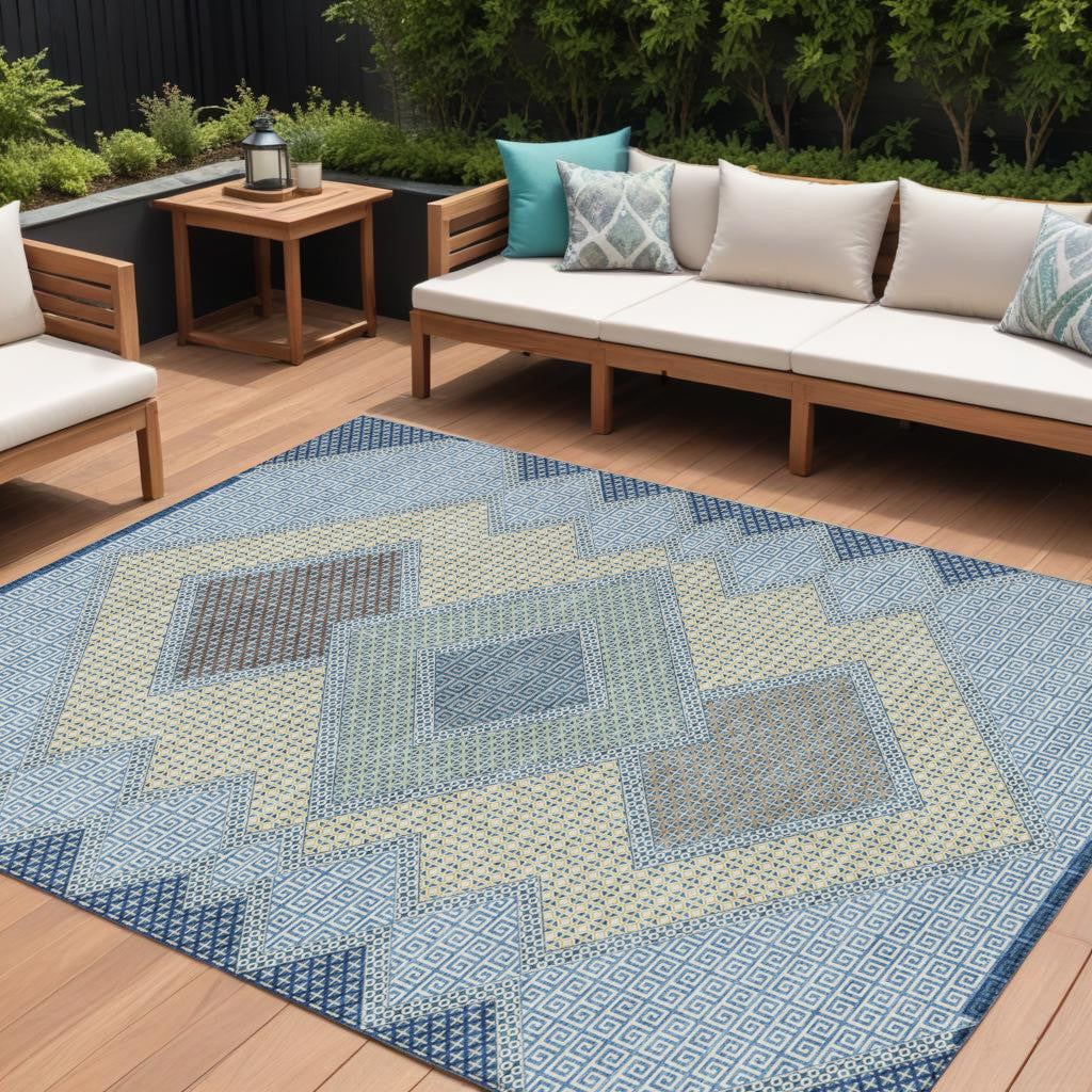 8 X 10 Denim Blue Gray And Brown Geometric Washable Indoor Outdoor Area Rug