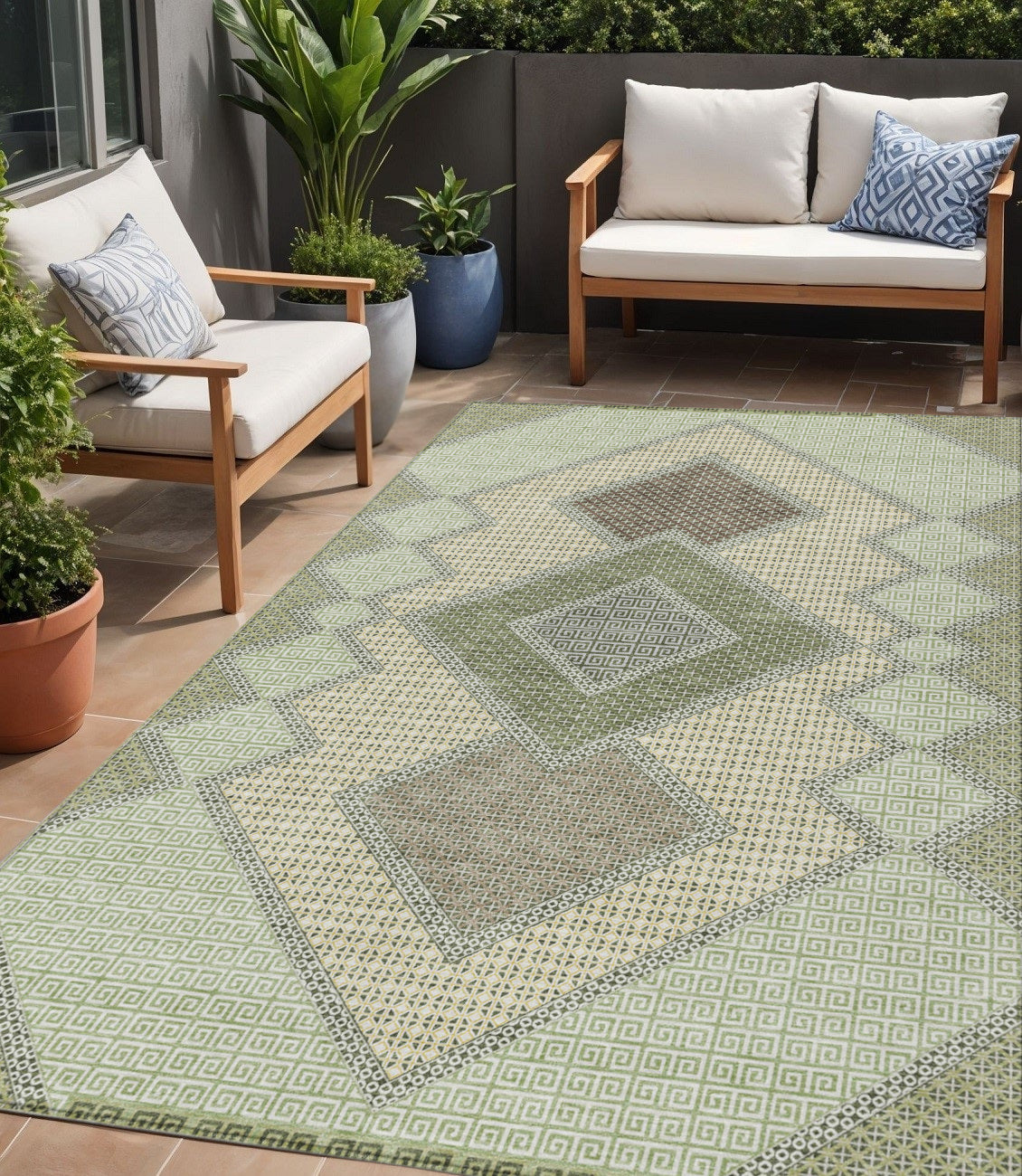 5 X 8 Green Gray And Taupe Geometric Washable Indoor Outdoor Area Rug
