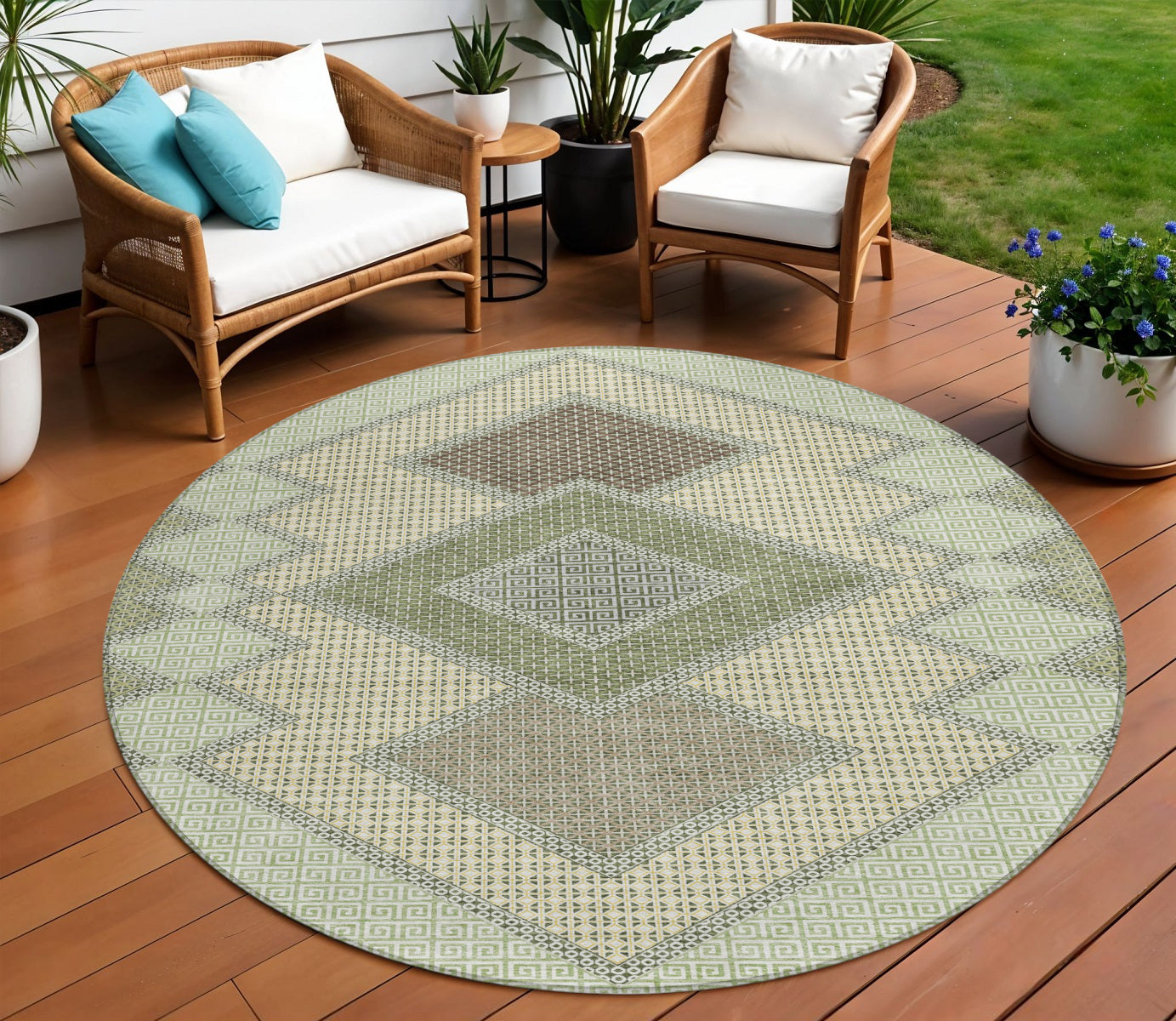 8 Green Gray And Taupe Round Geometric Washable Indoor Outdoor Area Rug