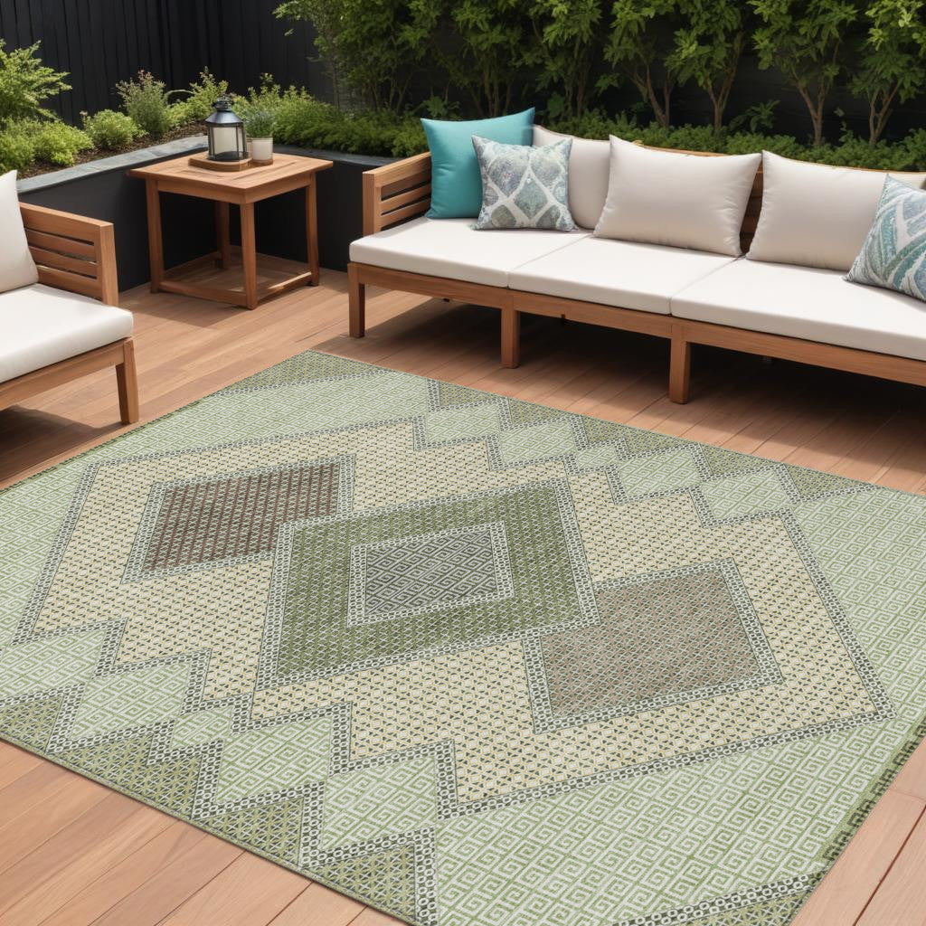 9 X 12 Green Gray And Taupe Geometric Washable Indoor Outdoor Area Rug