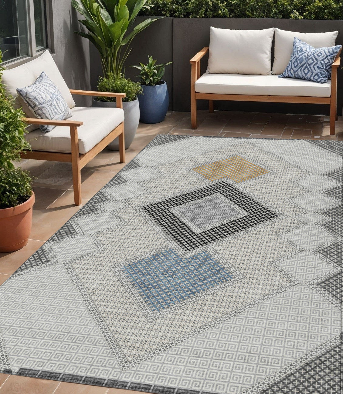 5 X 8 Gray Gold And Charcoal Geometric Washable Indoor Outdoor Area Rug
