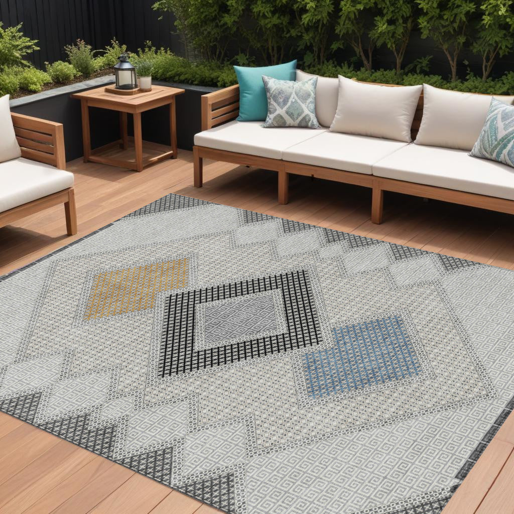 10 X 14 Gray Gold And Charcoal Geometric Washable Indoor Outdoor Area Rug