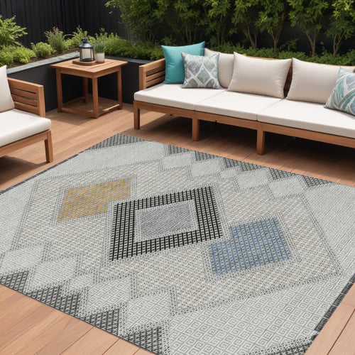10 X 14 Gray Gold And Charcoal Geometric Washable Indoor Outdoor Area Rug