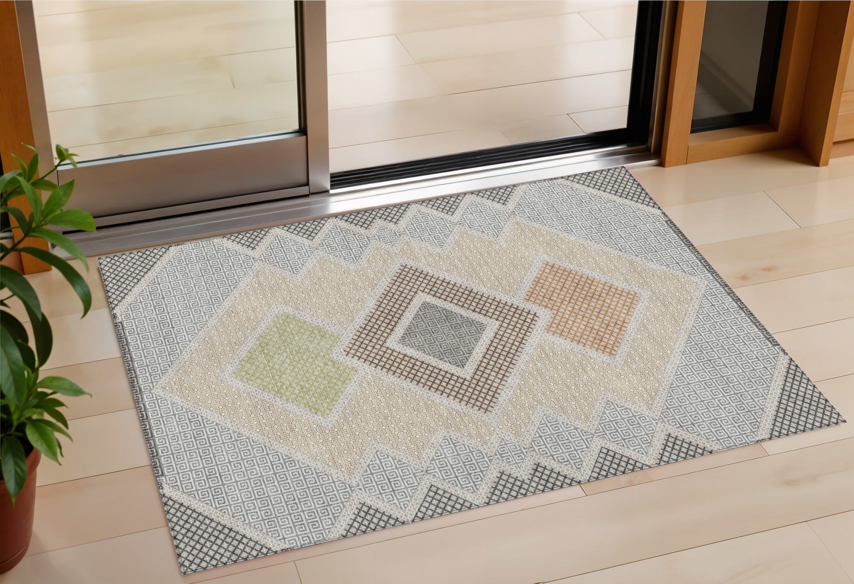 3 X 5 Pewter Copper And Silver Geometric Washable Indoor Outdoor Area Rug