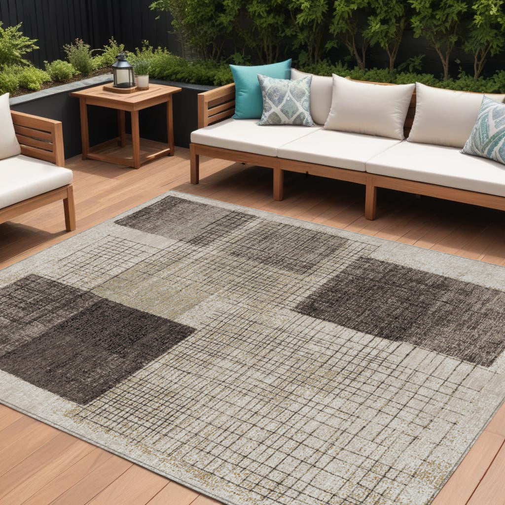 10 X 14 Brown And Taupe Geometric Washable Indoor Outdoor Area Rug
