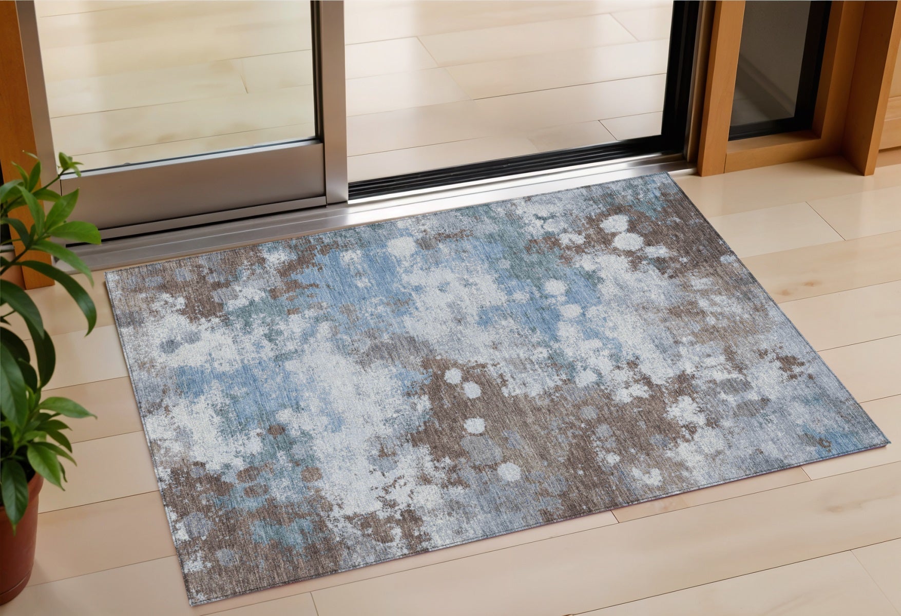 3 X 5 Brown And Sky Blue Abstract Washable Indoor Outdoor Area Rug