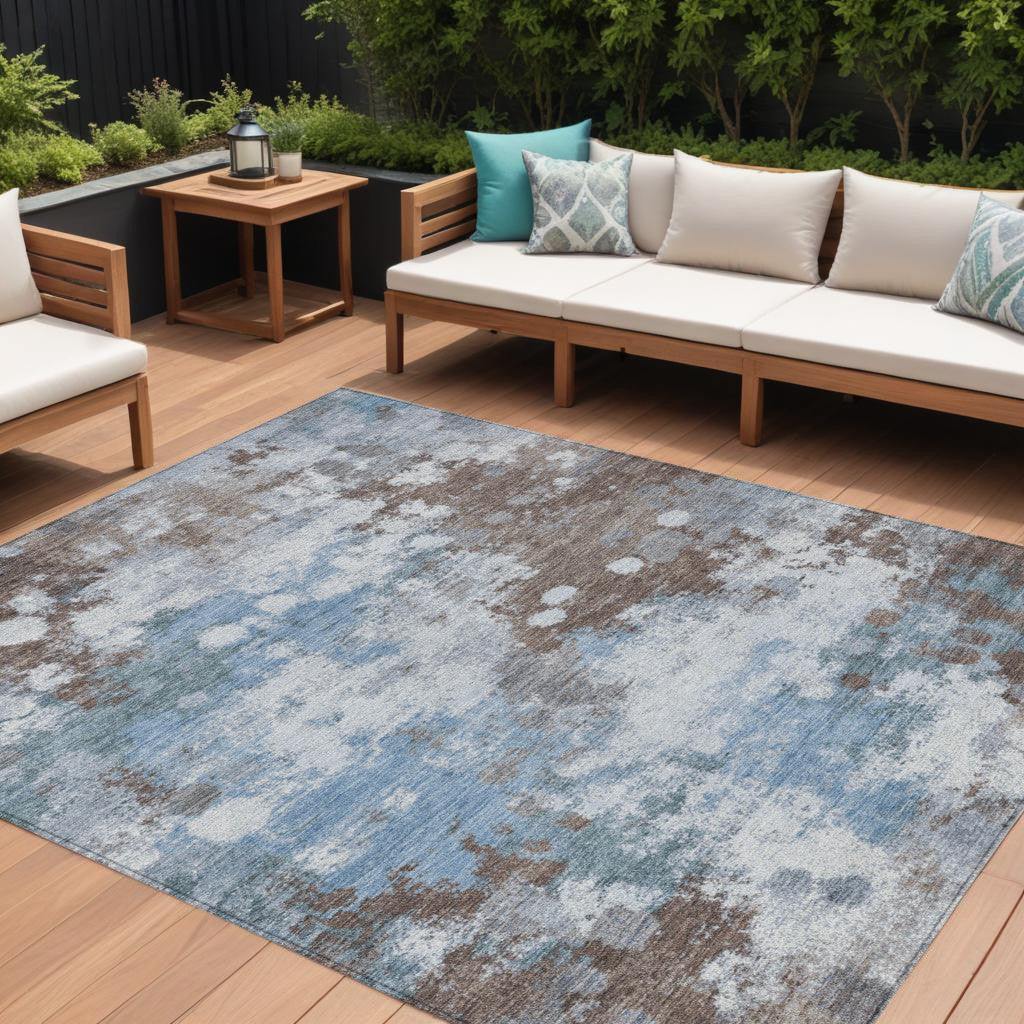 9 X 12 Brown And Sky Blue Abstract Washable Indoor Outdoor Area Rug