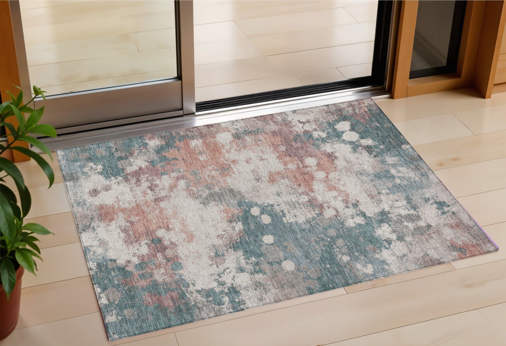 3 X 5 Coral And Teal Blue Abstract Washable Indoor Outdoor Area Rug