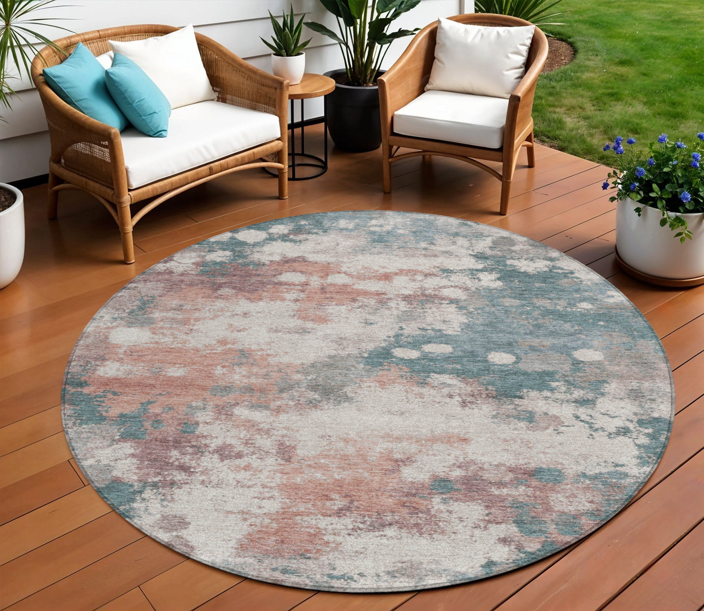 8 Coral And Teal Blue Round Abstract Washable Indoor Outdoor Area Rug