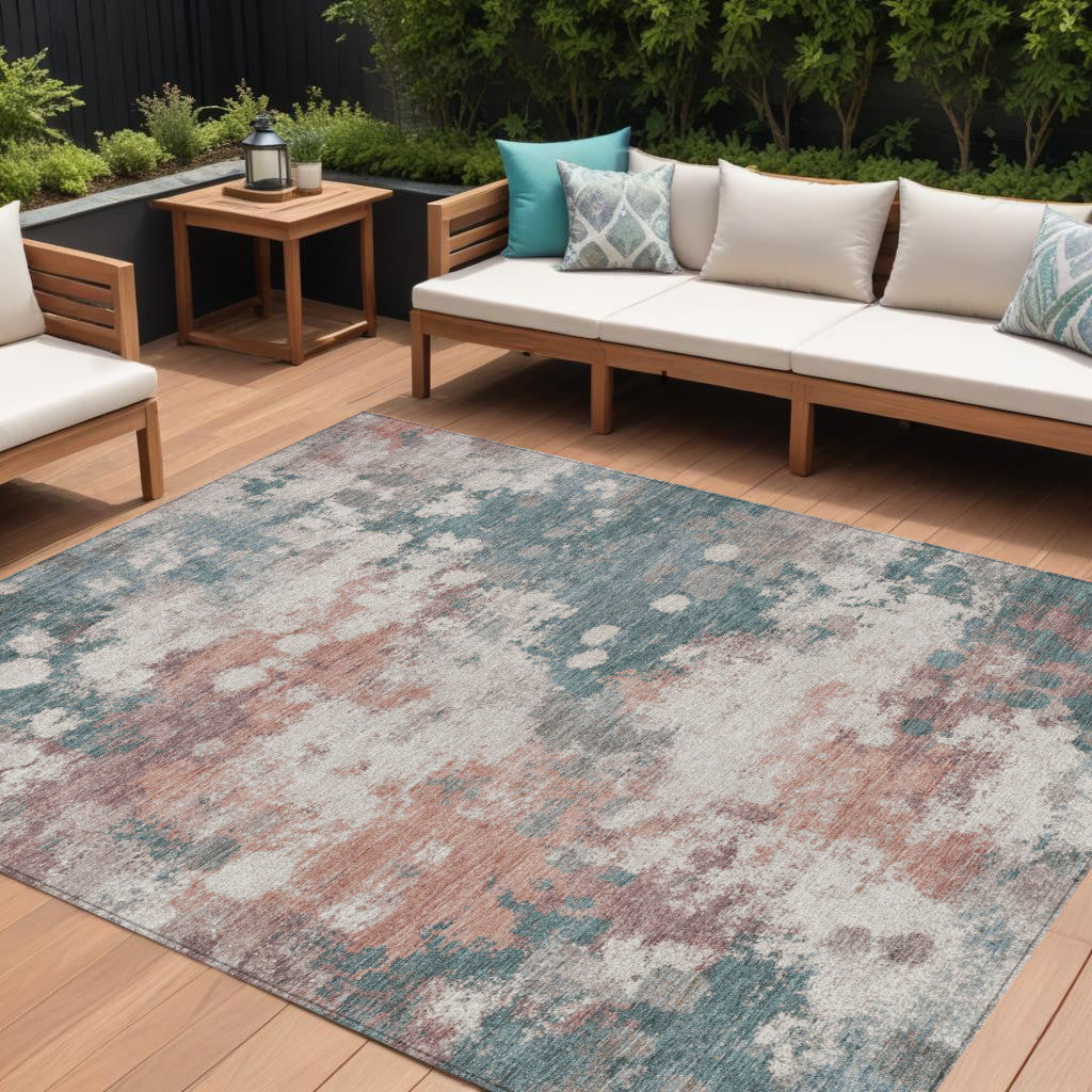 9 X 12 Coral And Teal Blue Abstract Washable Indoor Outdoor Area Rug