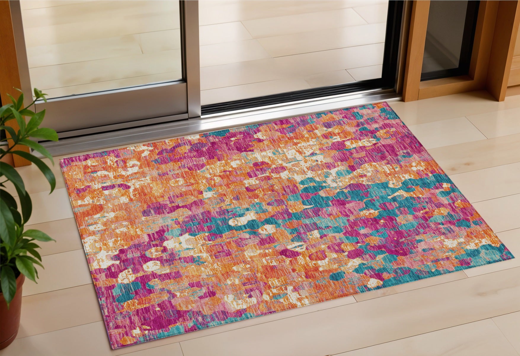 3 X 5 Blush Orange And Teal Blue Abstract Washable Indoor Outdoor Area Rug