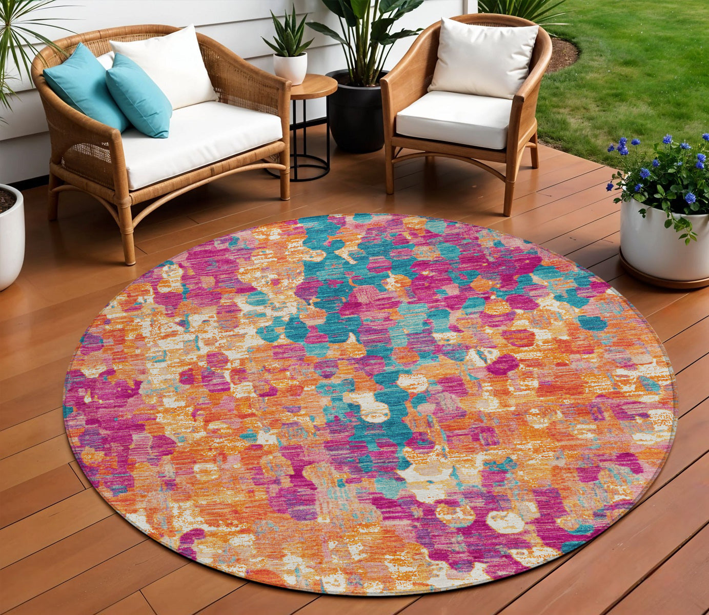 8 Blush Orange And Teal Blue Round Abstract Washable Indoor Outdoor Area Rug