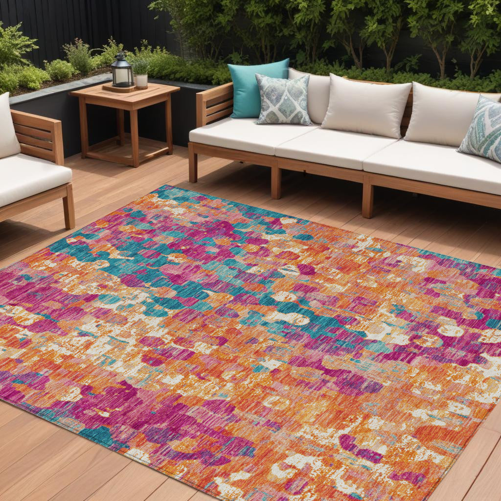 9 X 12 Blush Orange And Teal Blue Abstract Washable Indoor Outdoor Area Rug