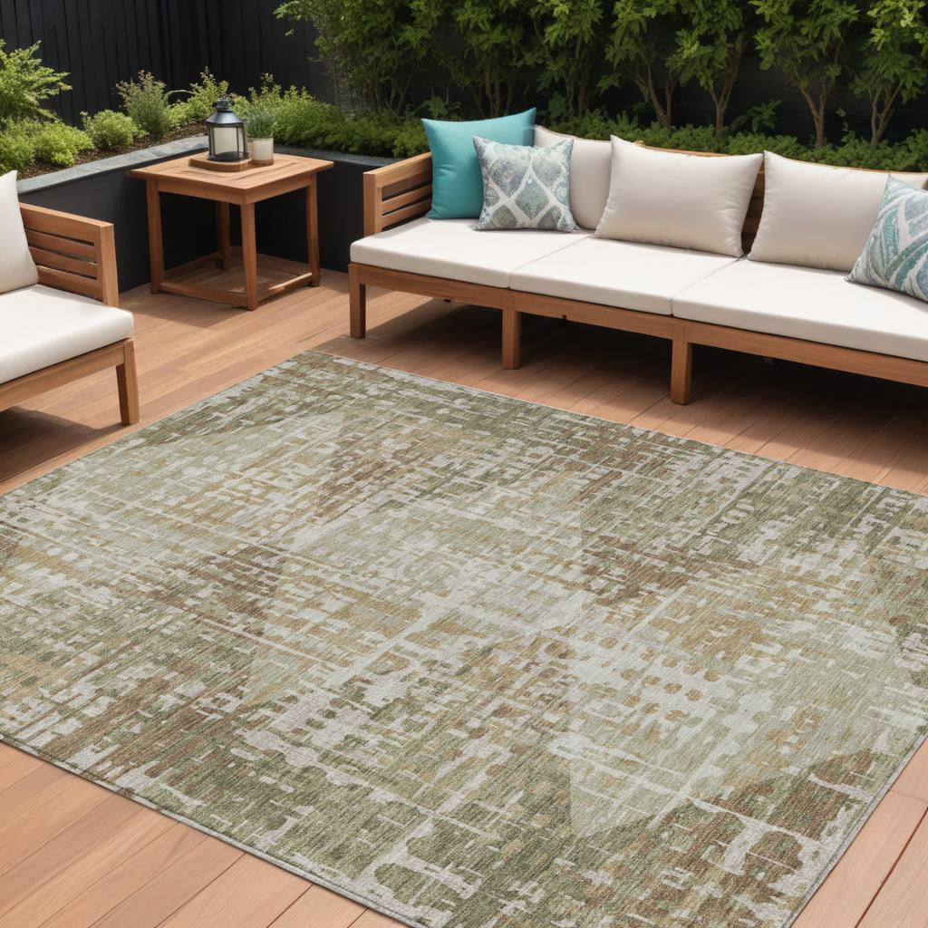 9 X 12 Fern Green And Beige Geometric Washable Indoor Outdoor Area Rug