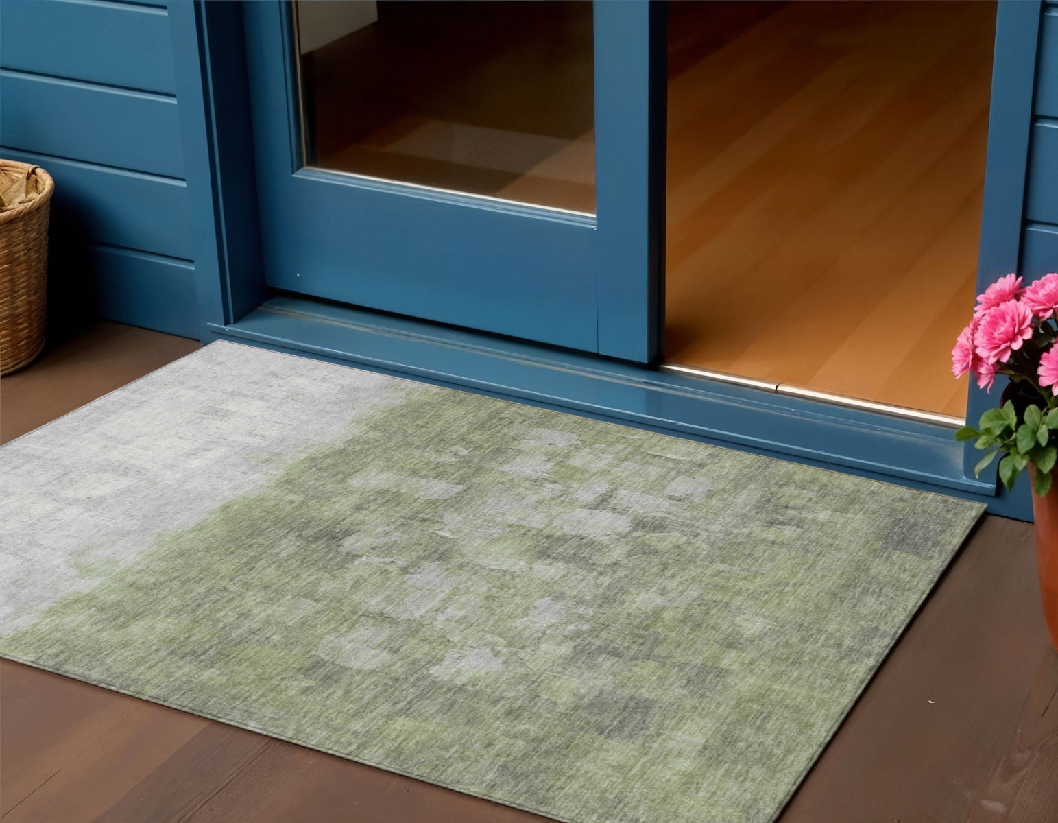 3 X 5 Fern Green And Silver Abstract Washable Indoor Outdoor Area Rug