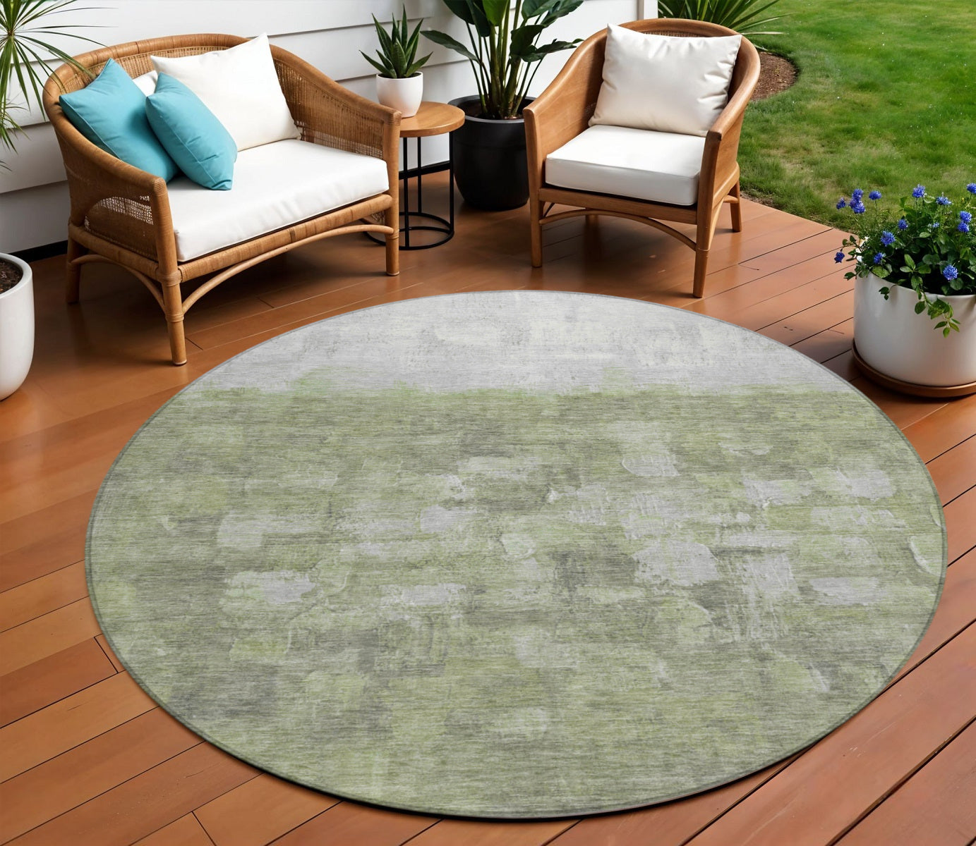 8 Fern Green And Silver Round Abstract Washable Indoor Outdoor Area Rug