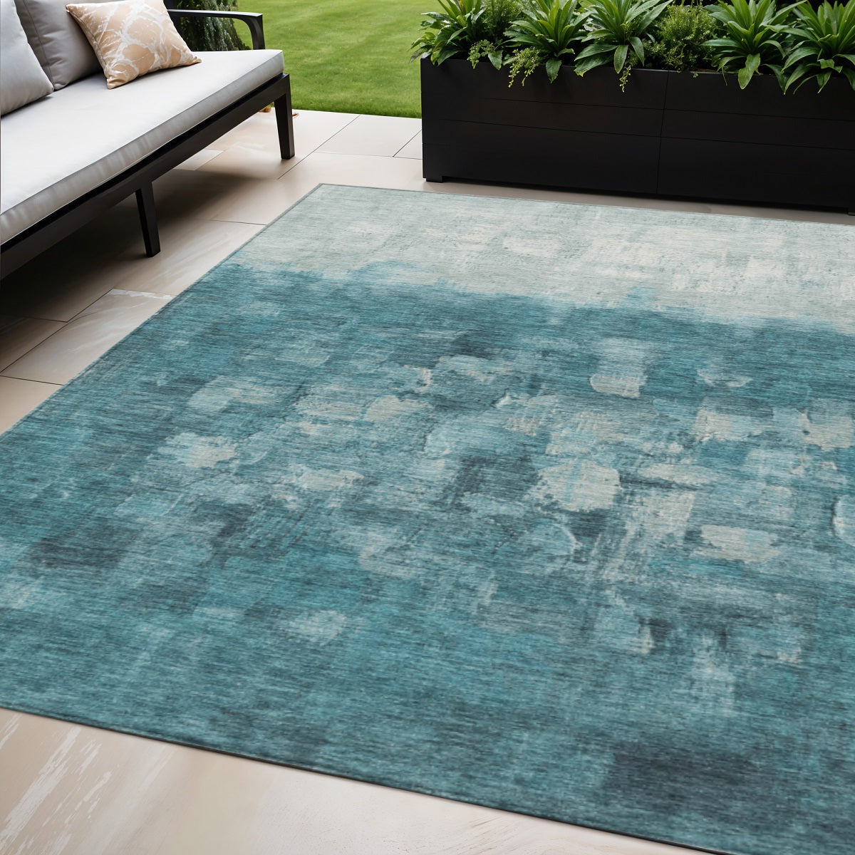 5 X 8 Teal Blue And Silver Abstract Washable Indoor Outdoor Area Rug