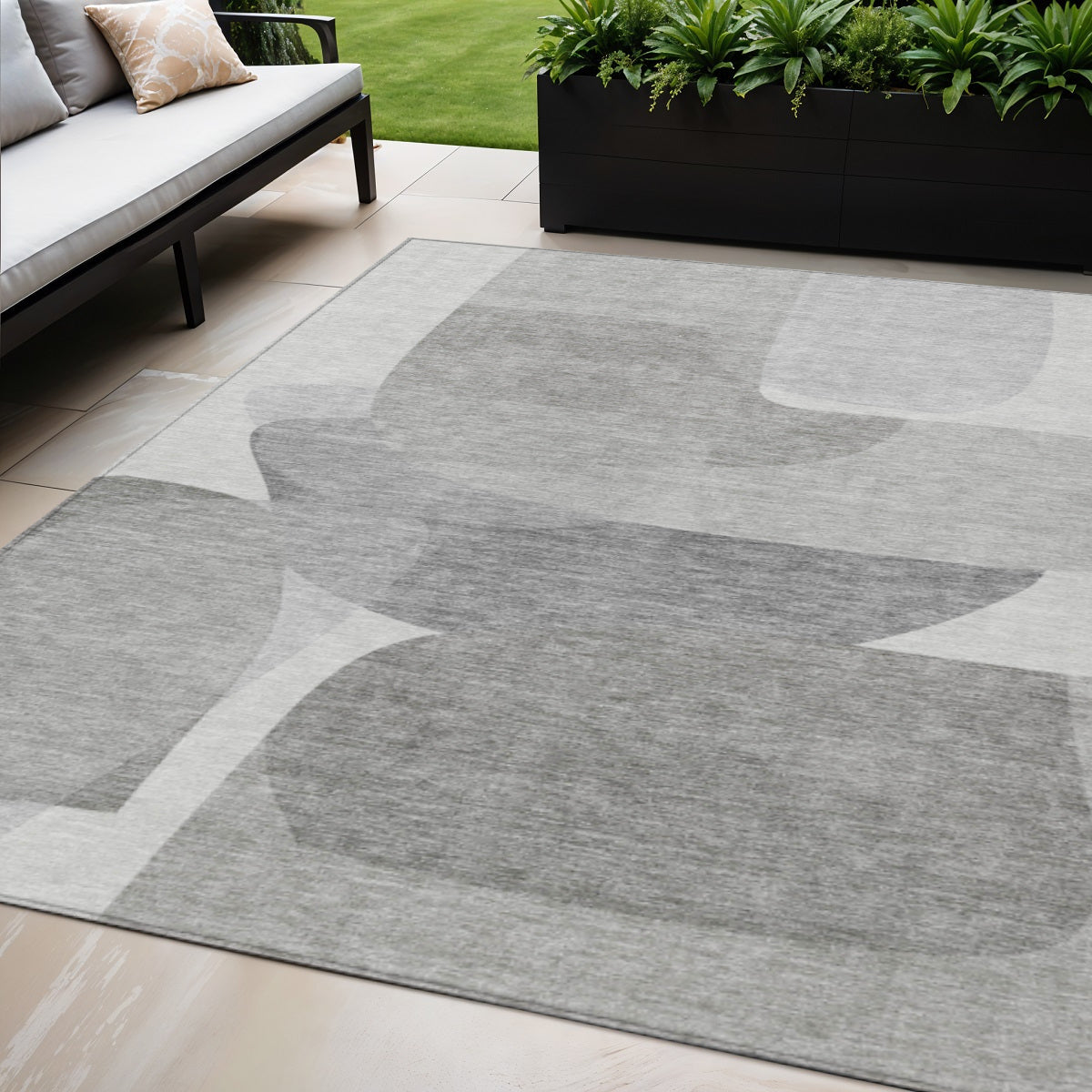 5 X 8 Linen And Gray Abstract Washable Indoor Outdoor Area Rug