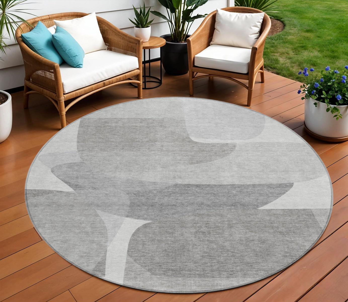 8 Linen And Gray Round Abstract Washable Indoor Outdoor Area Rug