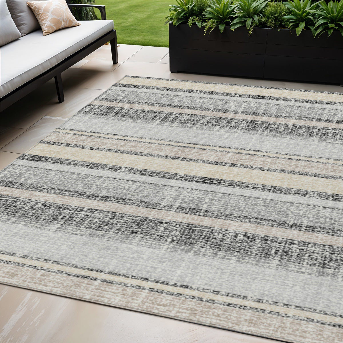 5 X 8 Black And Silver Striped Washable Indoor Outdoor Area Rug