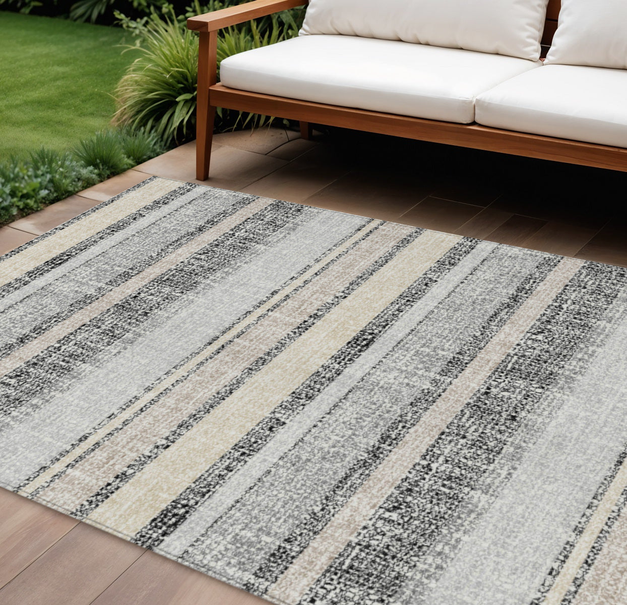 8 X 10 Black And Silver Striped Washable Indoor Outdoor Area Rug