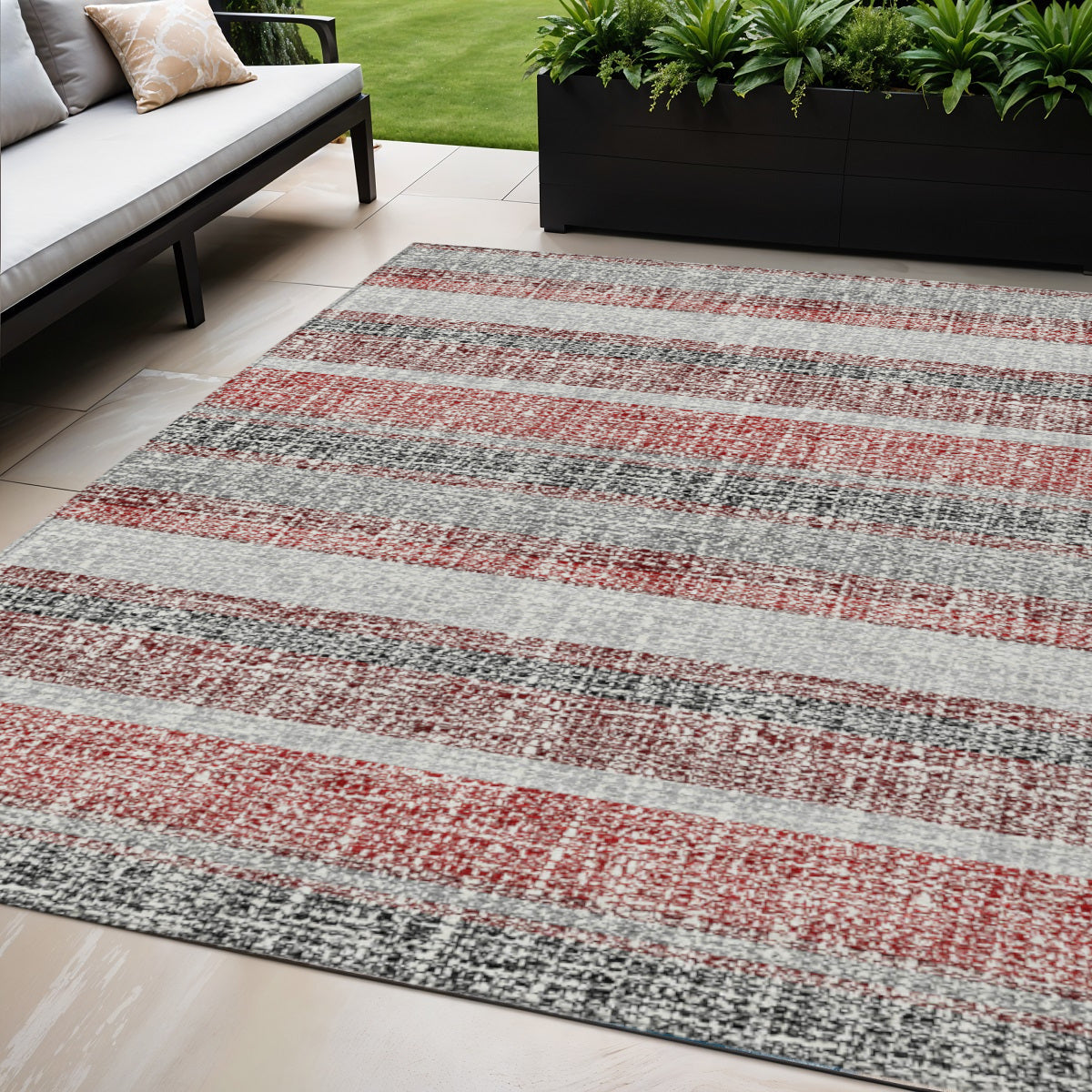 5 X 8 Burgundy And Silver Striped Washable Indoor Outdoor Area Rug