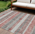 9 X 12 Burgundy And Silver Striped Washable Indoor Outdoor Area Rug