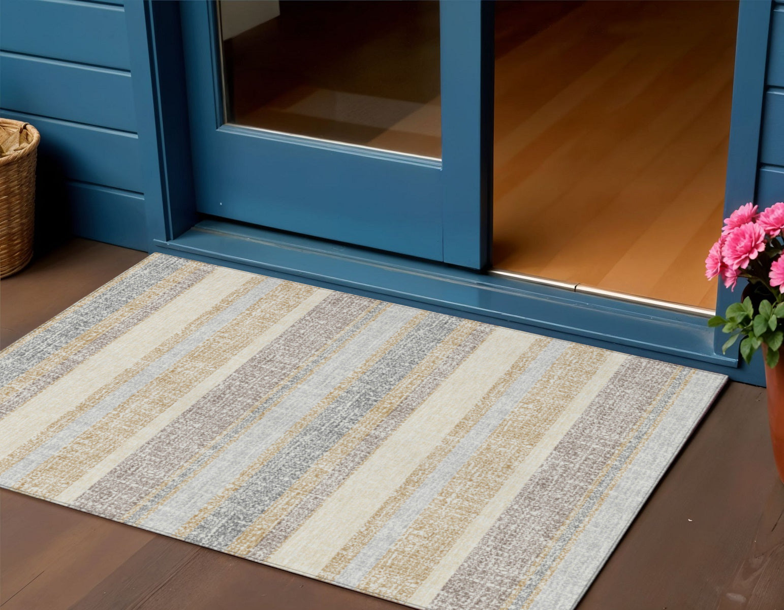 3 X 5 Gold And Silver Striped Washable Indoor Outdoor Area Rug