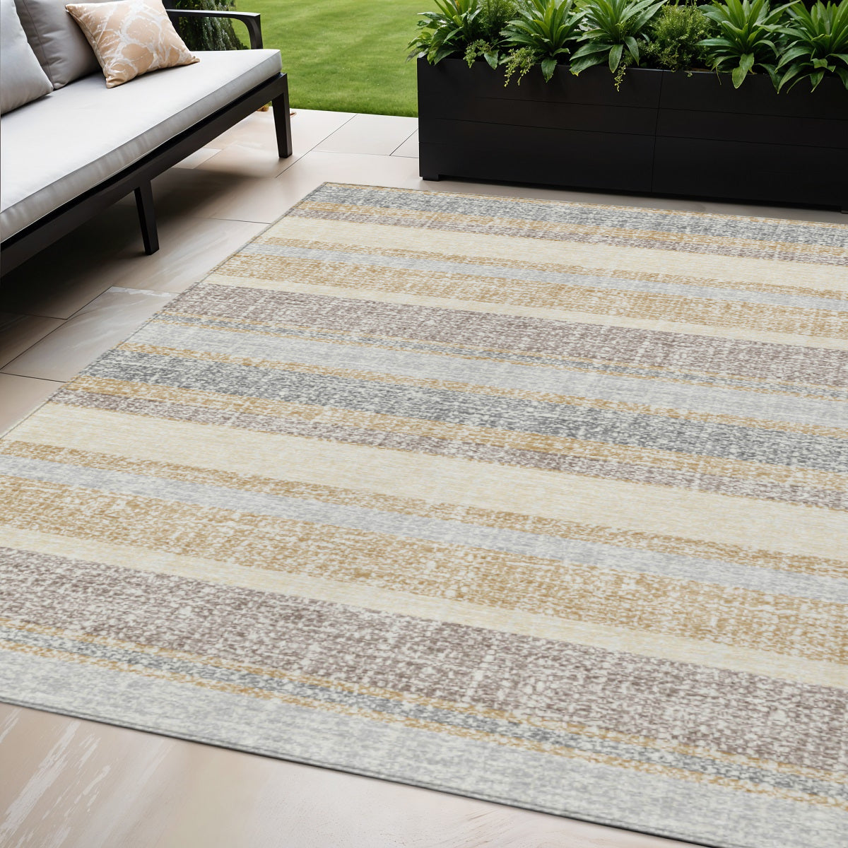 5 X 8 Gold And Silver Striped Washable Indoor Outdoor Area Rug