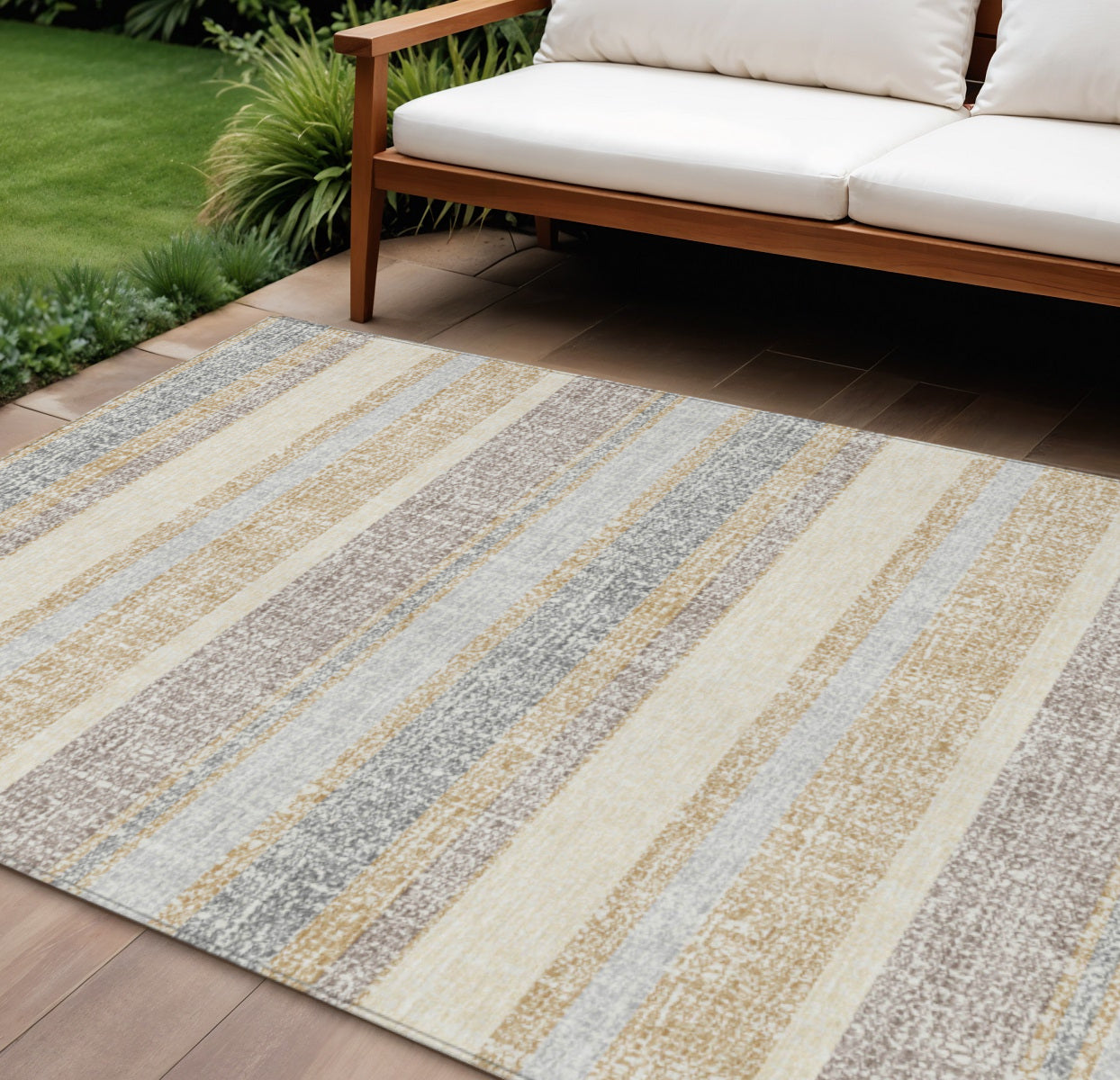 10 X 14 Gold And Silver Striped Washable Indoor Outdoor Area Rug