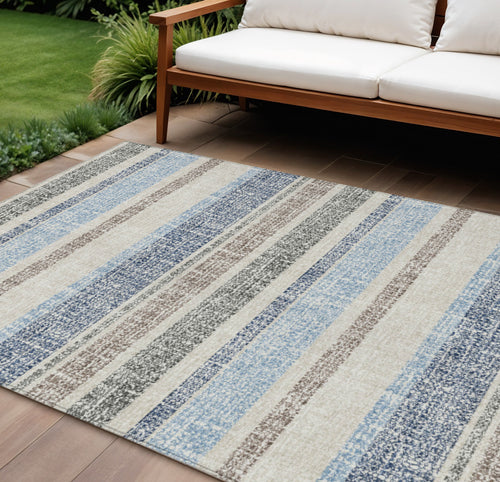 10 X 14 Navy Blue And Beige Striped Washable Indoor Outdoor Area Rug