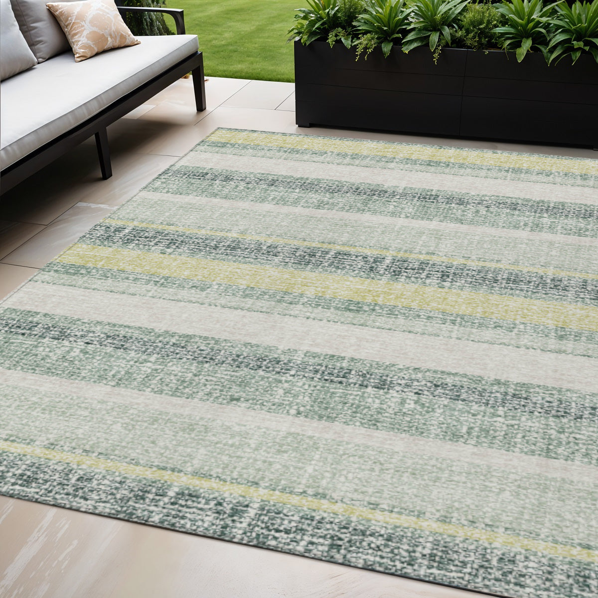 5 X 8 Pale Aqua And Lime Green Striped Washable Indoor Outdoor Area Rug