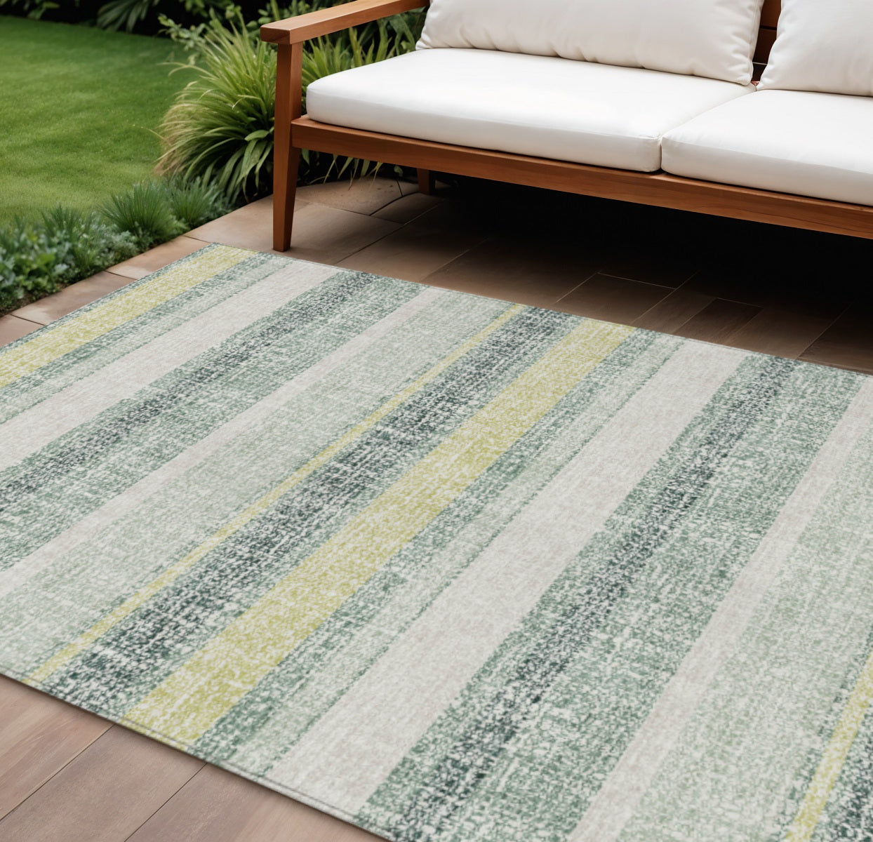 10 X 14 Pale Aqua And Lime Green Striped Washable Indoor Outdoor Area Rug
