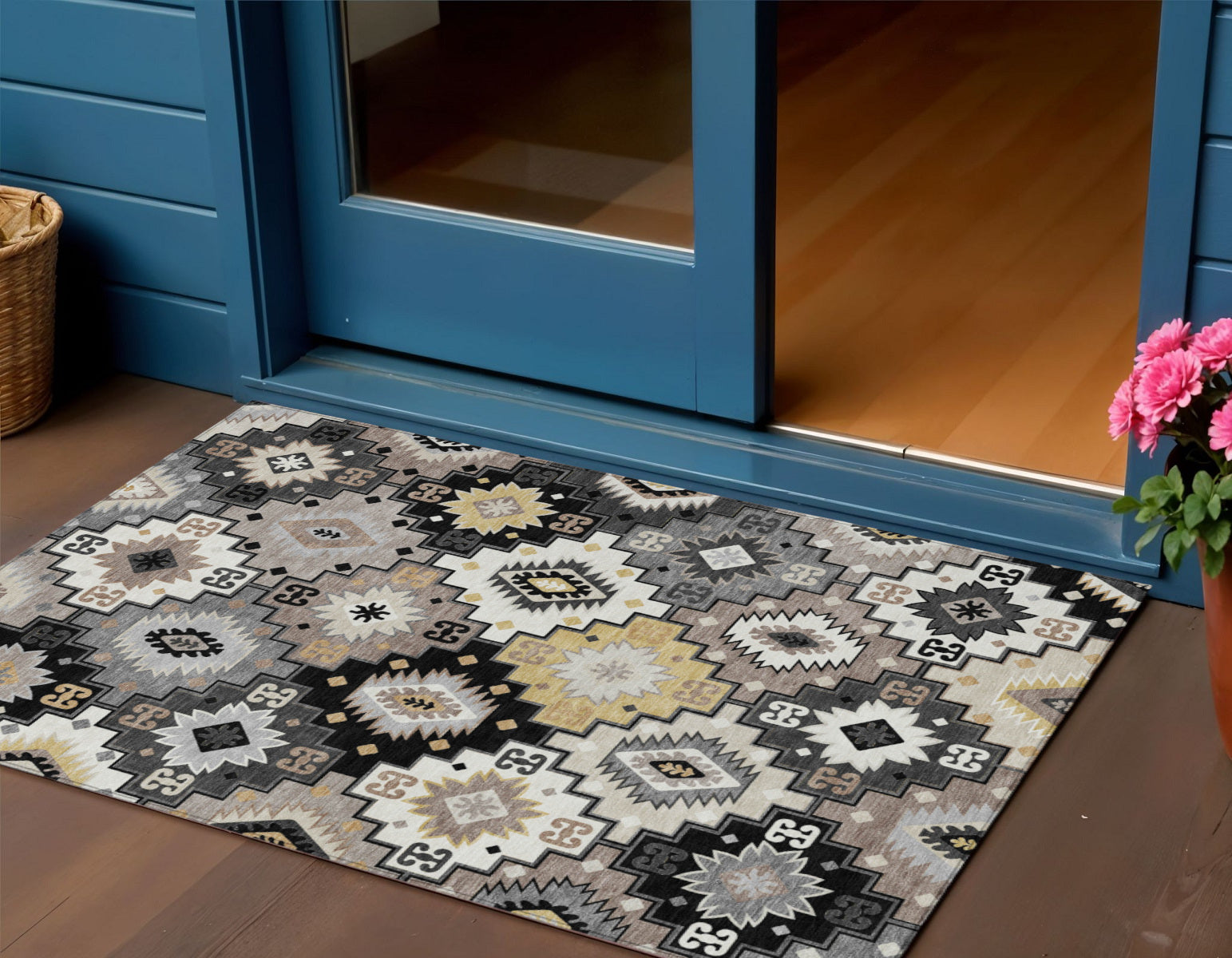 3 X 5 Black Wheat And Gray Southwestern Washable Indoor Outdoor Area Rug