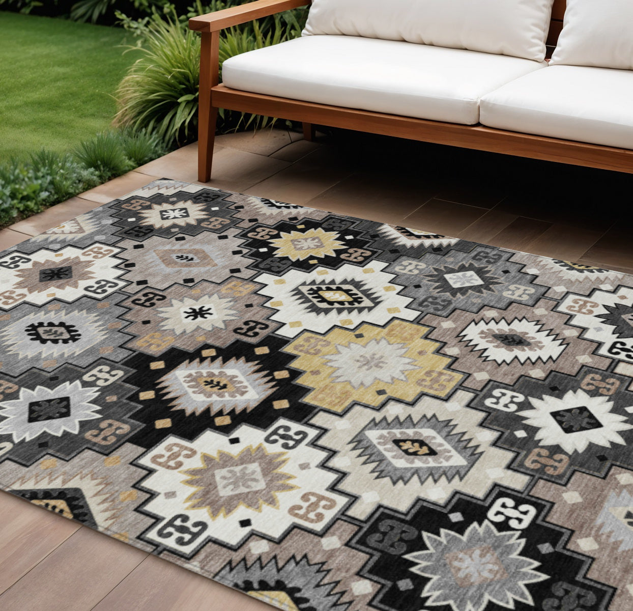 9 X 12 Black Wheat And Gray Southwestern Washable Indoor Outdoor Area Rug