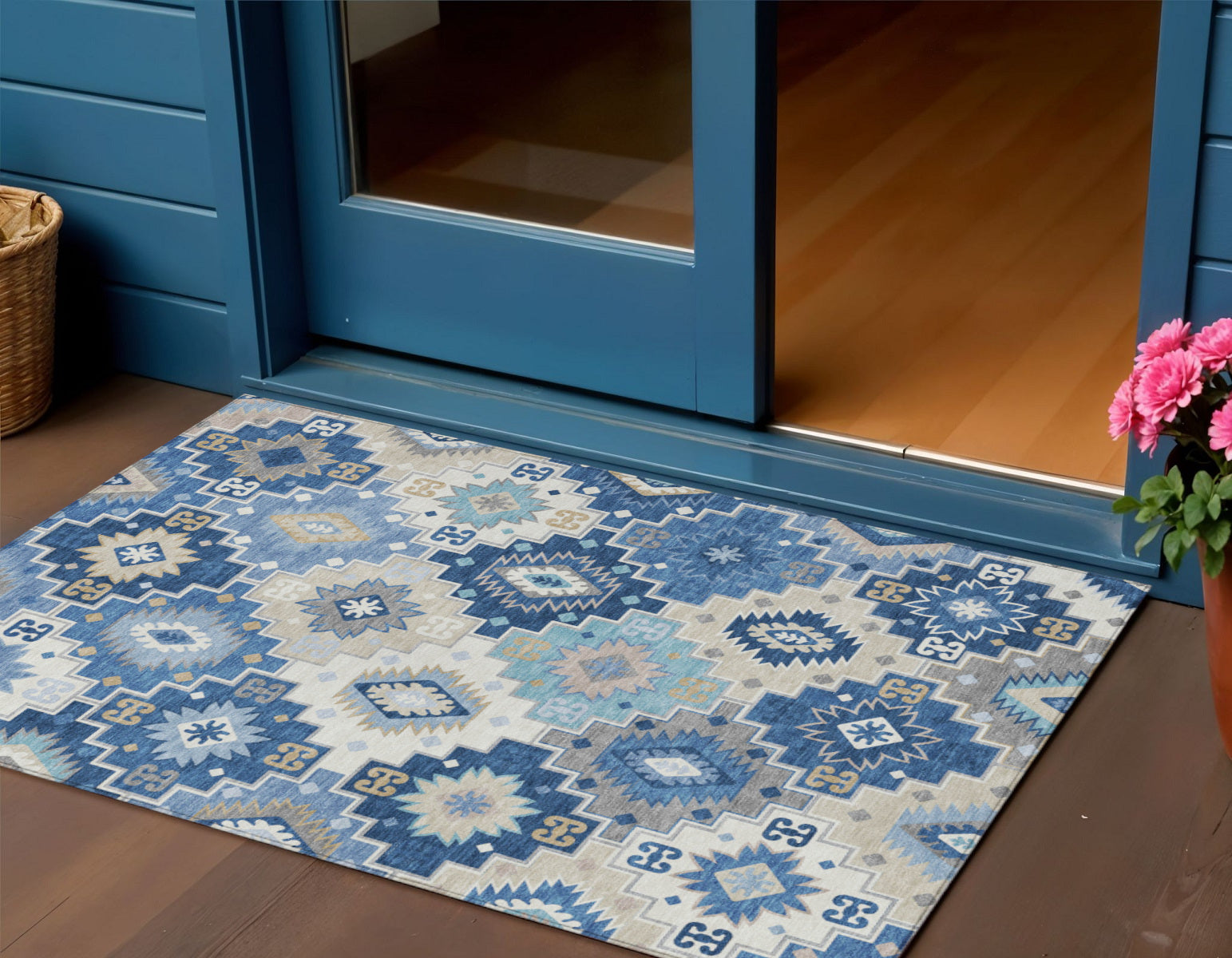 3 X 5 Blue Beige And Sky Blue Southwestern Washable Indoor Outdoor Area Rug