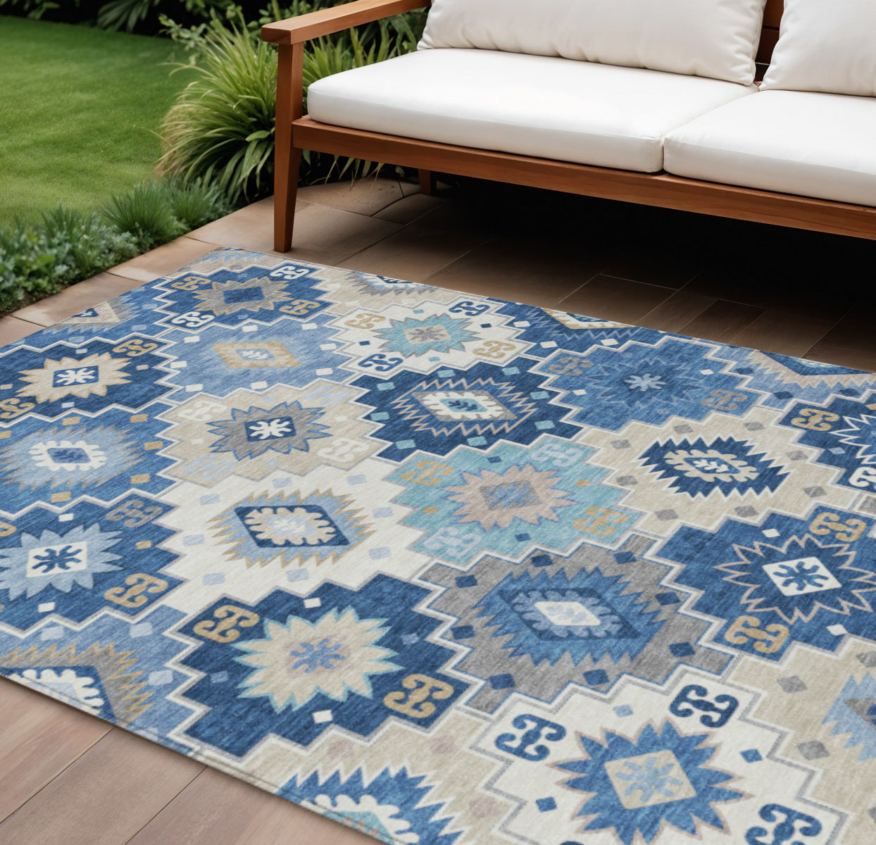9 X 12 Blue Beige And Sky Blue Southwestern Washable Indoor Outdoor Area Rug