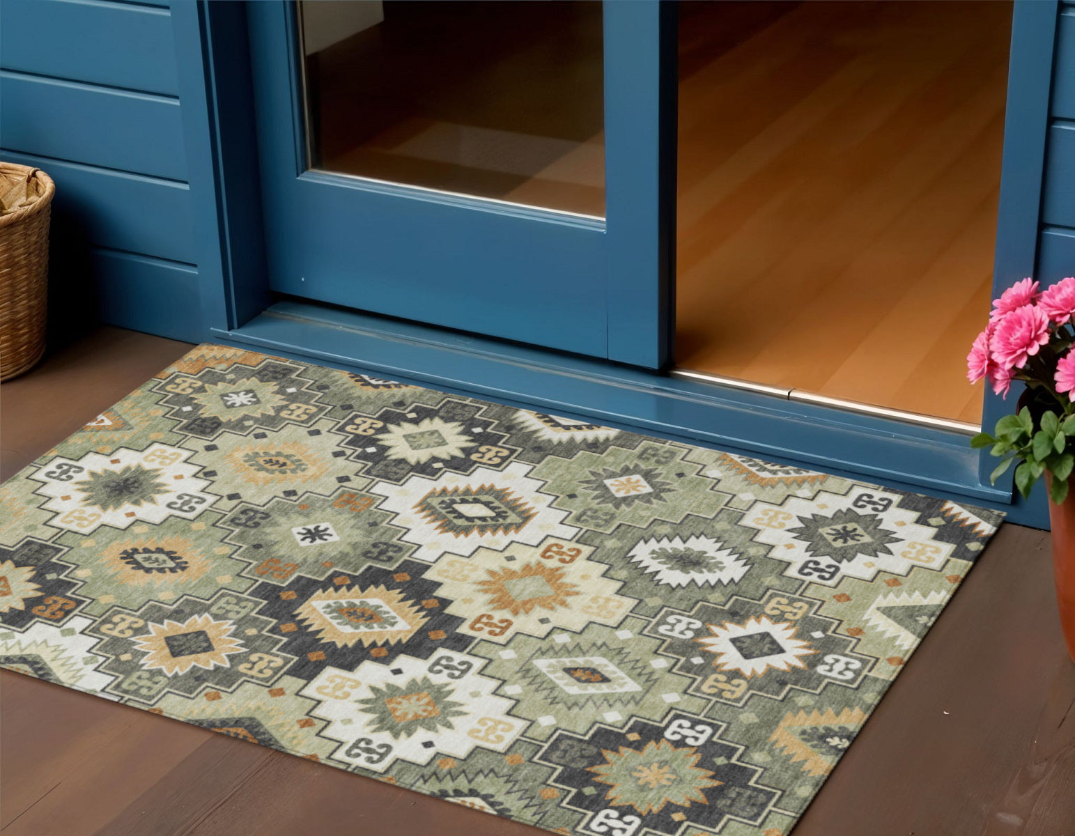 3 X 5 Fern Green Gold And Charcoal Southwestern Washable Indoor Outdoor Area Rug